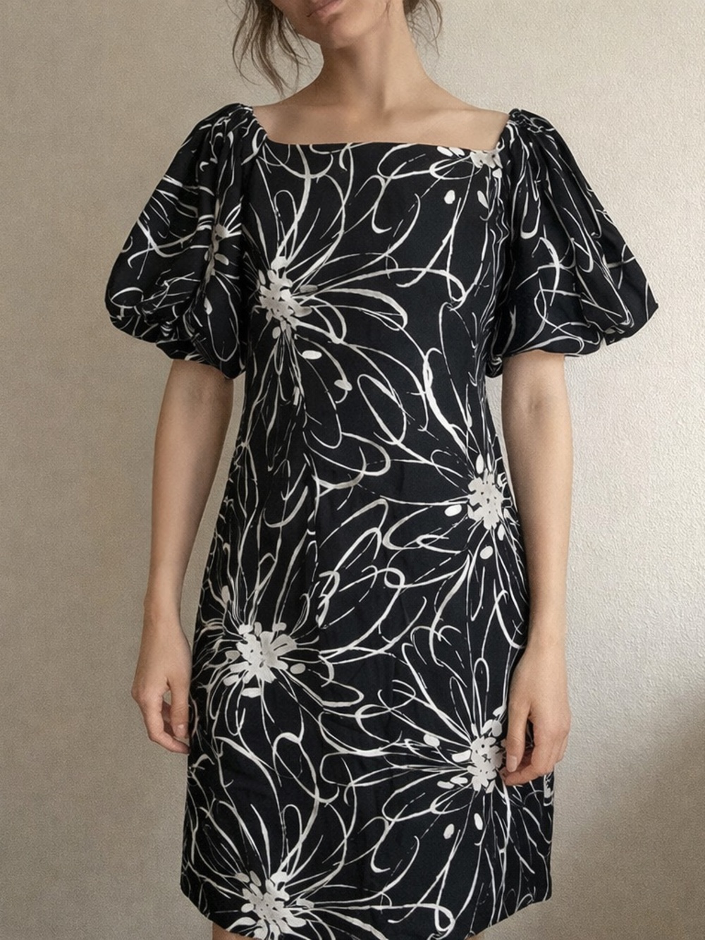 Teri Jon Black White Floral Square Neck Sheath Dress Puff Sleeve Size 2